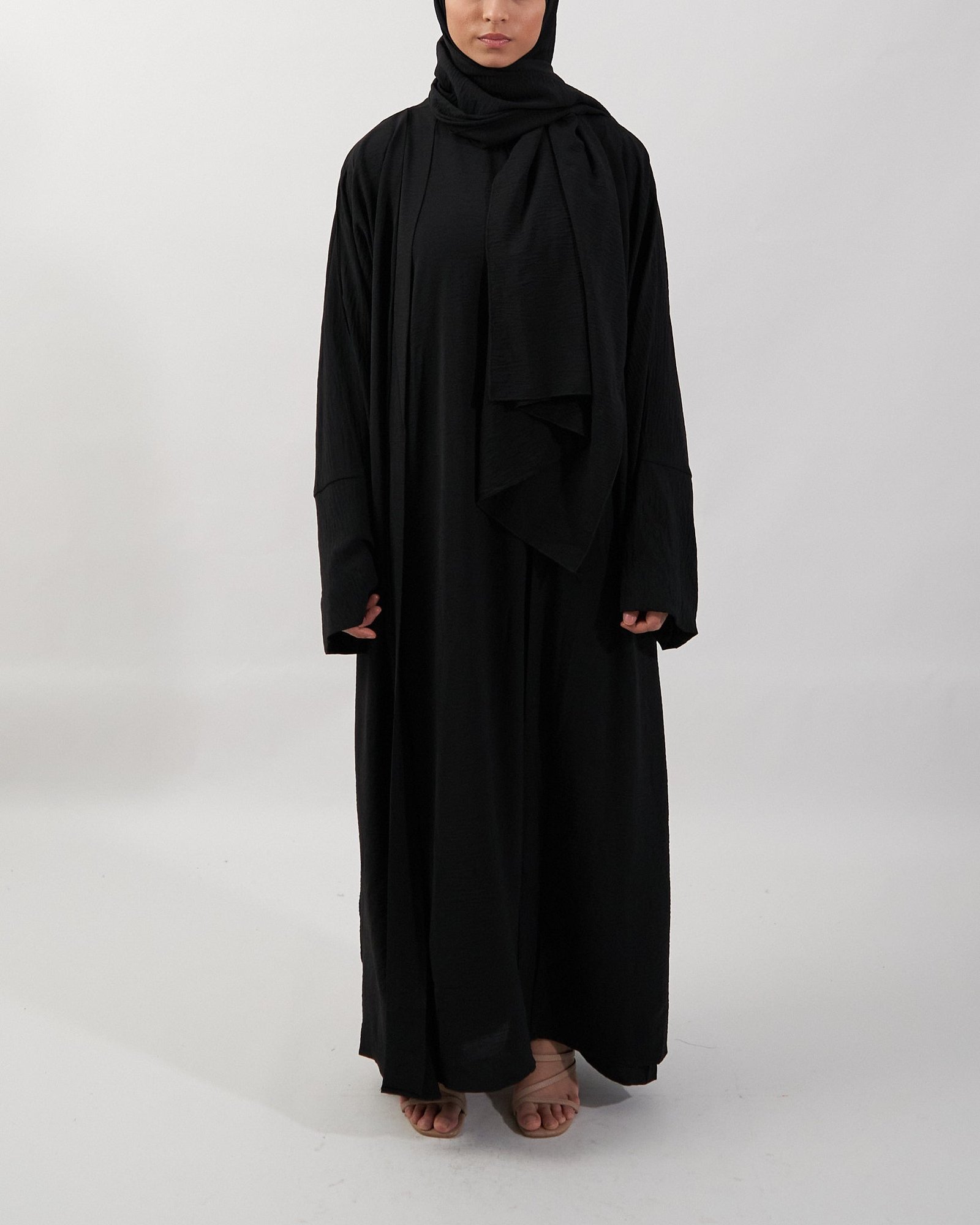 3PCS Crinkle Abaya Set - Black