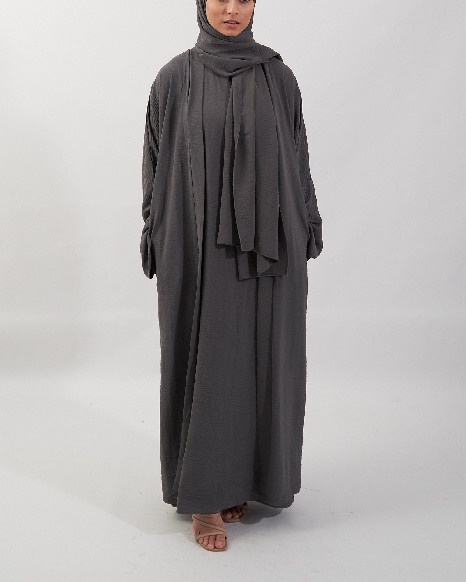 3PCS Crinkle Abaya Set - Charcoal