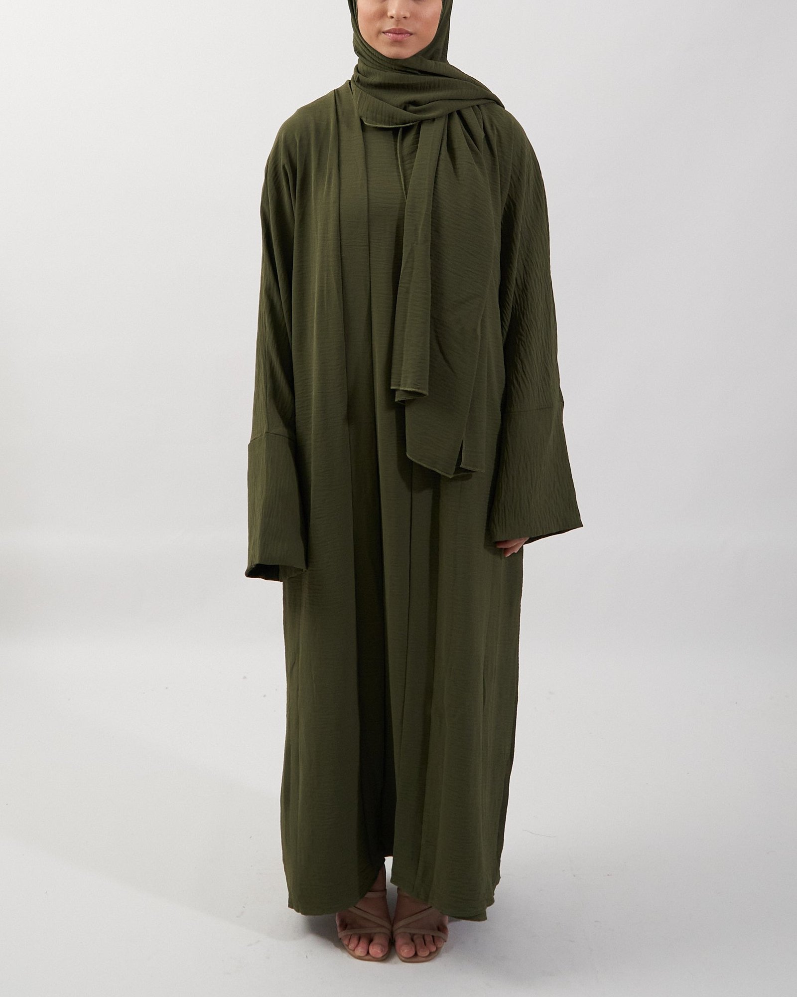 3PCS Crinkle Abaya Set - Khaki